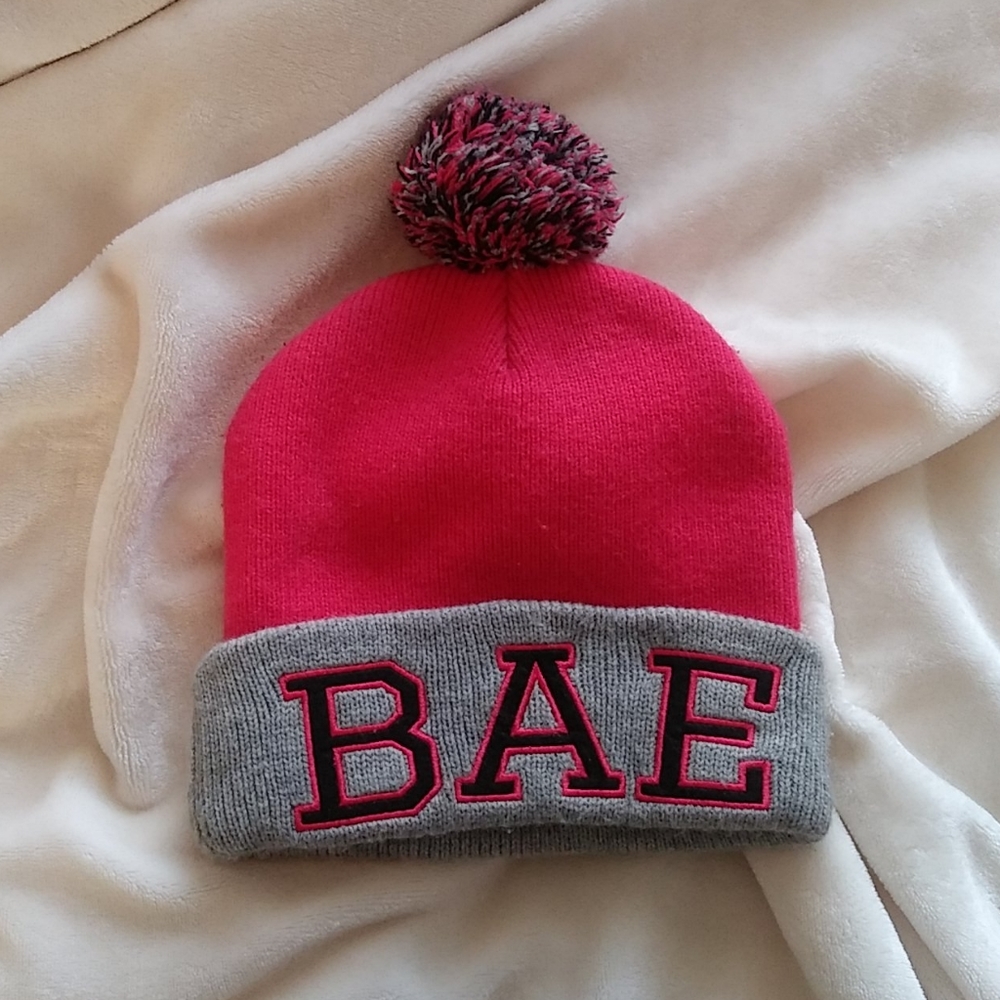 Grey and pink BAE beanie